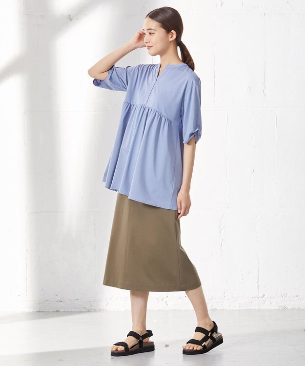 J.PRESS LADIES 【洗える】プレーティング キーネック カットソー サックスブルー系