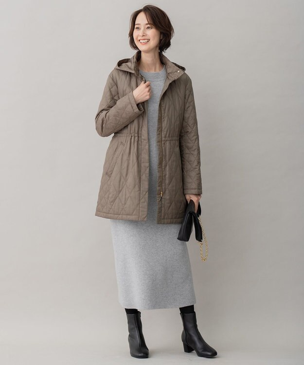 自由区 L 【洗える】ブライトキルト フード付きコート カーキ系