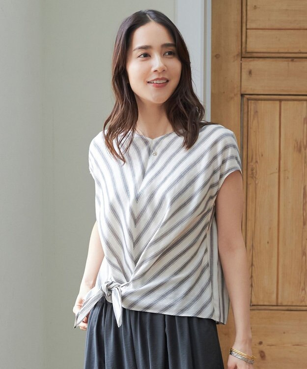 自由区 L 【洗える】テンセルリネンリボン ブラウス フラックス×スレートストライプ