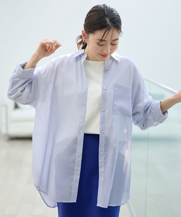 ANY シアーストライプシャツ オフ×ブルー