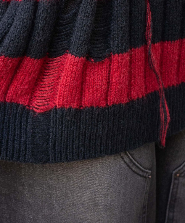 WEGO ボーダーワイドリブダメージニット レッド