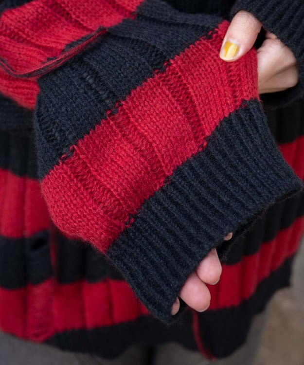 WEGO ボーダーワイドリブダメージニット レッド