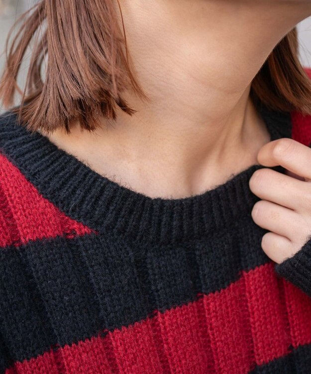 WEGO ボーダーワイドリブダメージニット レッド