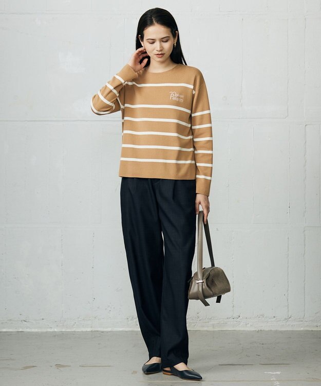 自由区 L コットンウールハイゲージボーダー ニット キャメル×オフ