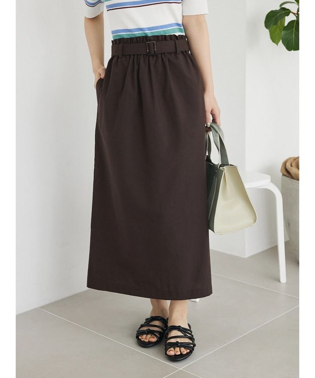 Green Parks 綿麻混バックルベルト付タイトスカート Brown