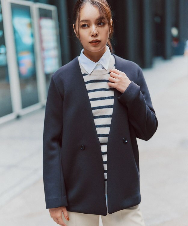 ICB L 【洗える】コンパクトWフェイス ノーカラージャケット ブラック系