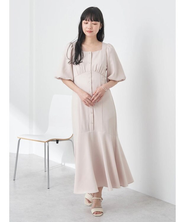 earth music&ecology フロントボタン裾フレアワンピース Beige