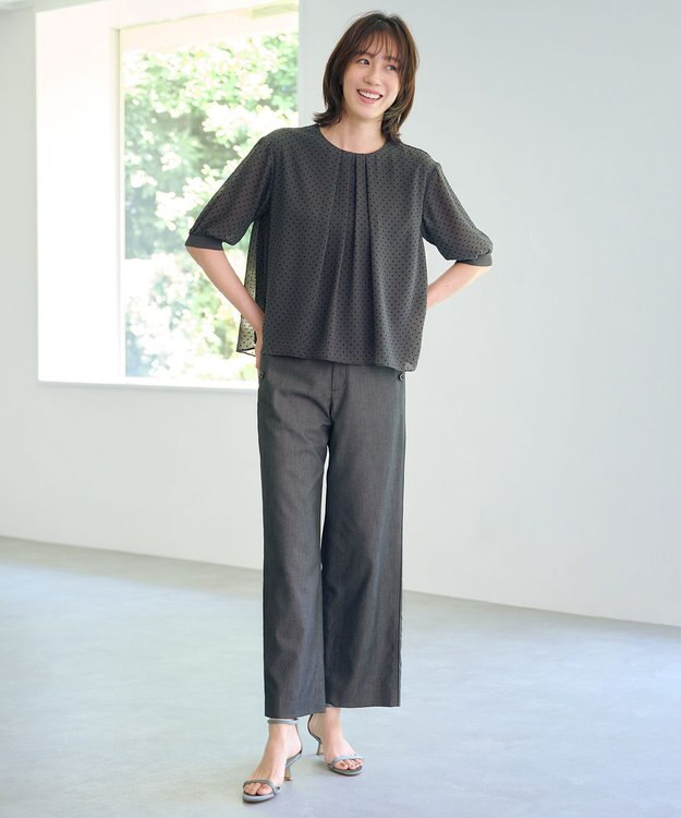 J.PRESS LADIES L 【洗える・防シワ・速乾】ツイルシャンブレー ワイド パンツ ブラックシャンブレー系