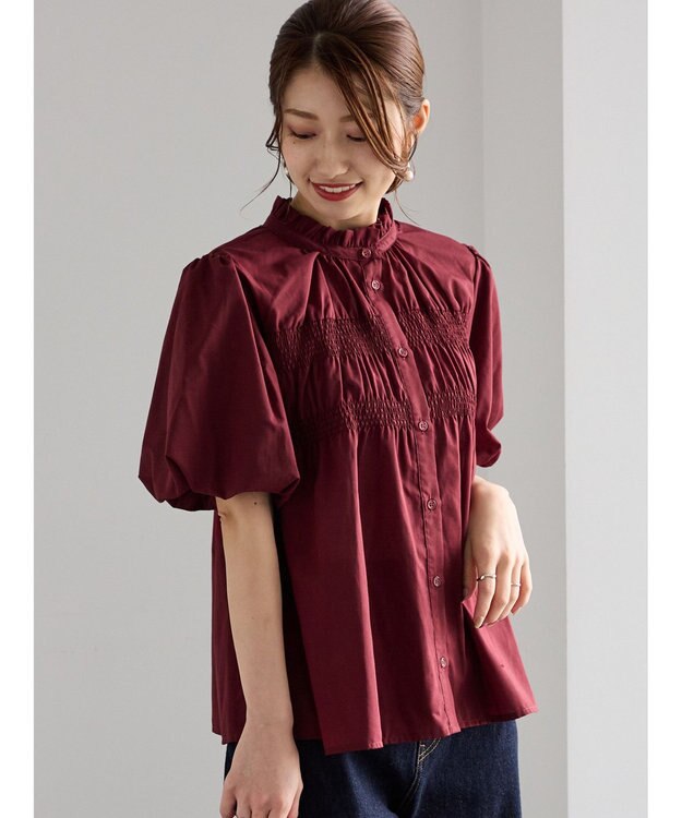 Te chichi スタンドフリル5分袖シャーリングブラウス ボルドー