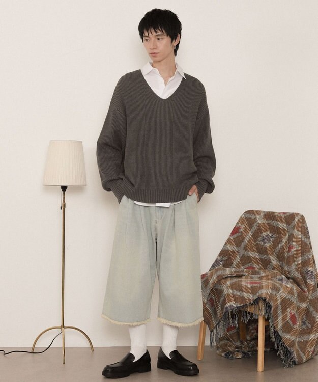 WEGO エルボーパッチVネックプルオーバー グレー