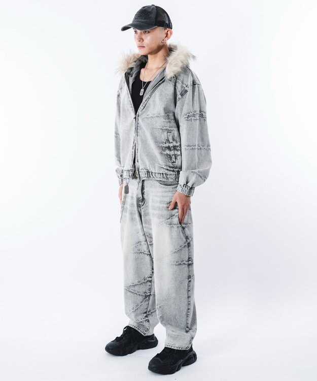 WEGO 【ユニセックス着用ITEM】ファーフードスラッシュデニムブルゾン グレー
