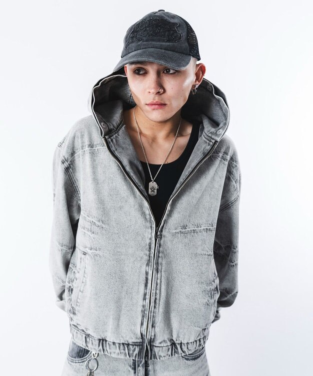 WEGO 【ユニセックス着用ITEM】ファーフードスラッシュデニムブルゾン グレー