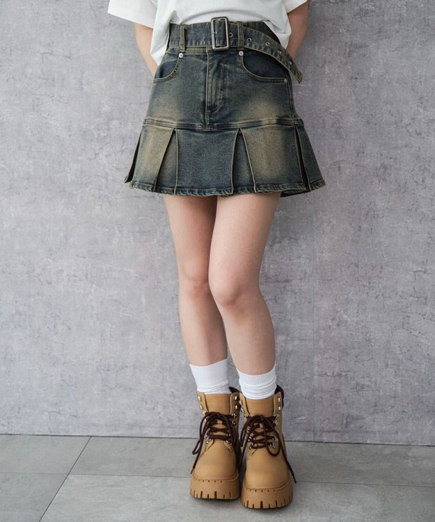 WEGO ベルト付デニムプリーツスカパン デニム濃加工色