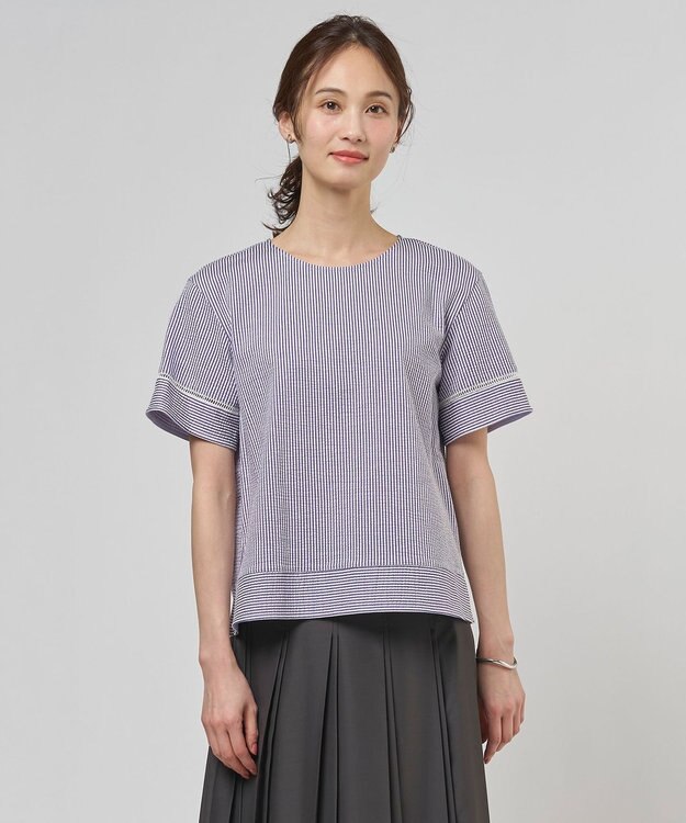 J.PRESS LADIES 【一枚で着映え】サッカージャージー クルーネック カットソー ネイビーストライプ系1