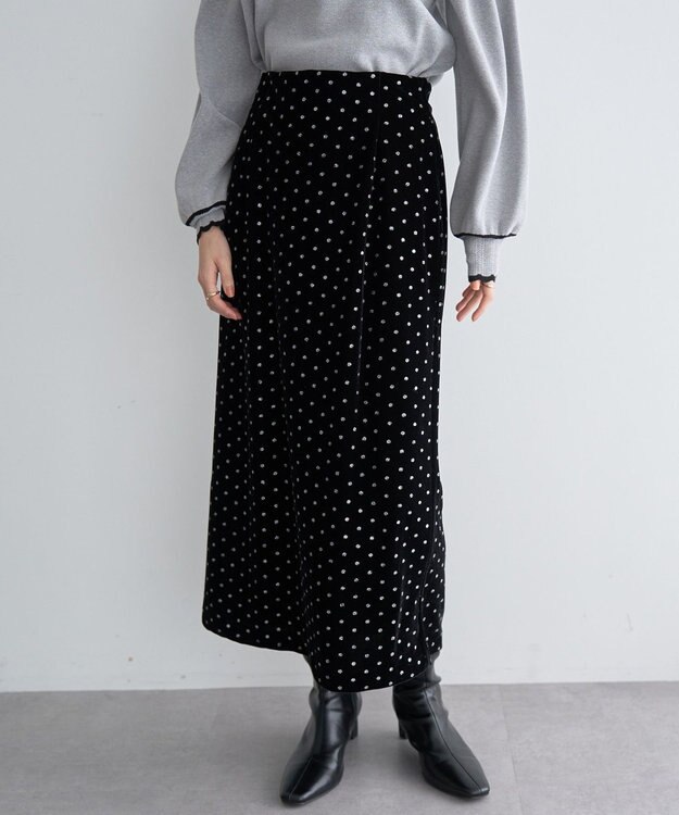 YECCA VECCA グリッタードットベロアナロースカート Black
