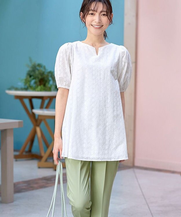 Tiaclasse 【2TYPE/総レース・袖レース】パンチングレースパフスリーブチュニックブラウス Aオフホワイト(総レース）