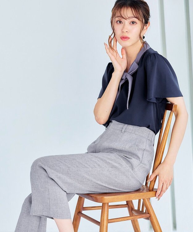 Tiaclasse 【洗える】配色リボンタイブラウス ネイビー