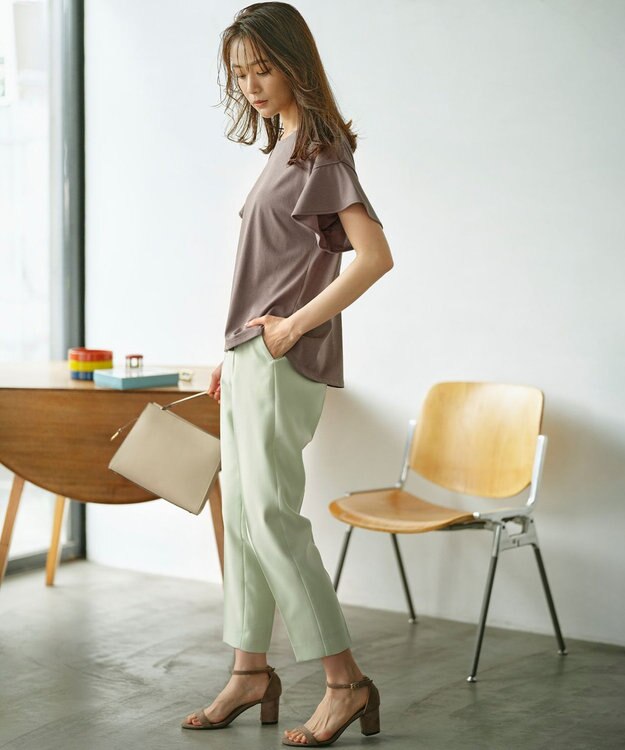 組曲 L 【UVケア・接触冷感】GIZAプレーティング天竺フリルスリーブ Tシャツ モカブラウン系