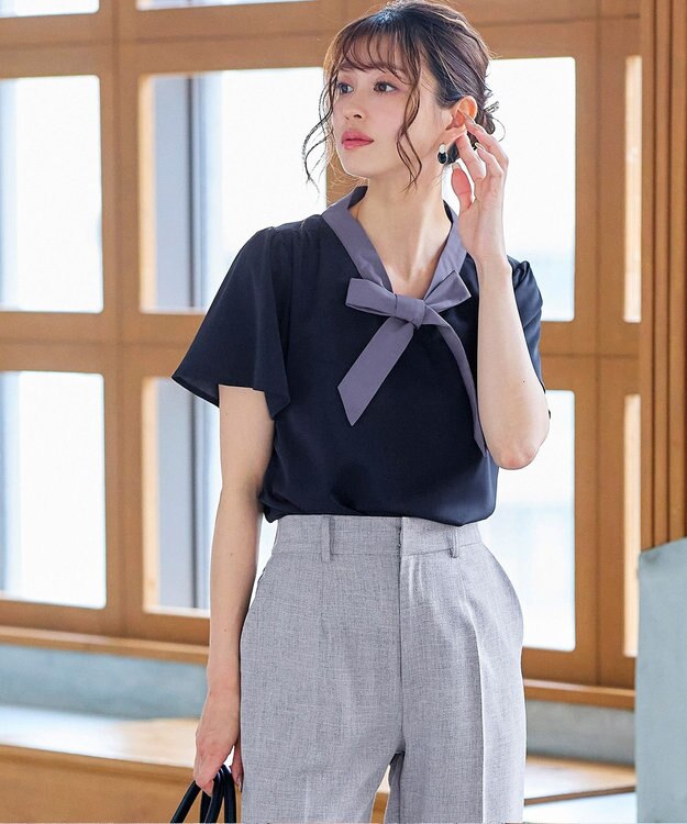 Tiaclasse 【洗える】配色リボンタイブラウス ネイビー