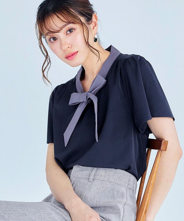Tiaclasse 【洗える】配色リボンタイブラウス ネイビー
