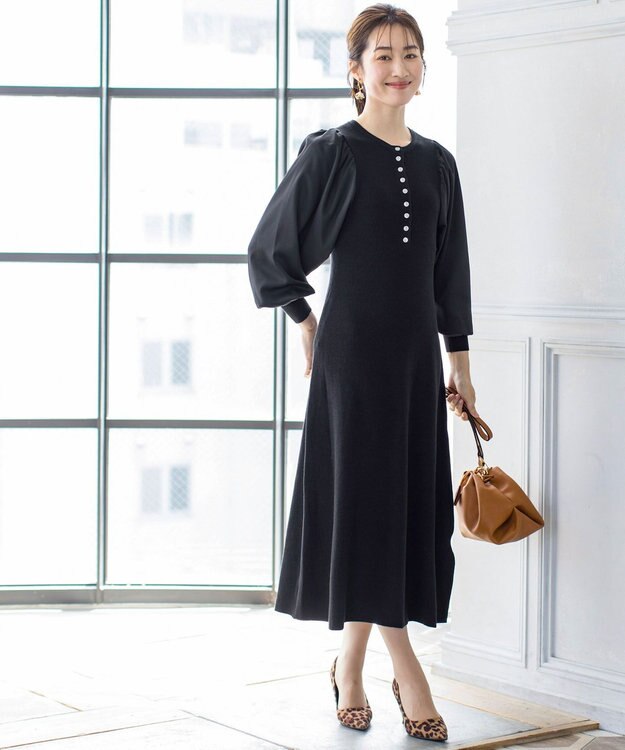 Tiaclasse 【洗える】パフ袖が大人可愛い袖コンビニットワンピース ブラック