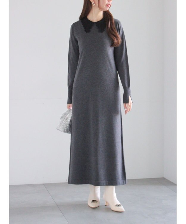 Te chichi レース衿ニットワンピース チャコールグレー