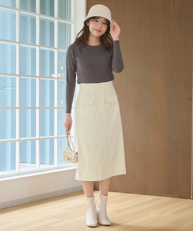 Feroux 【洗える】フラップポケット スカート アイボリー系