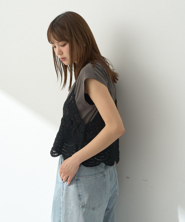 earth music&ecology ＳＥＴ２点　クロシェキャミ＋ノースリーブプルオーバー Black