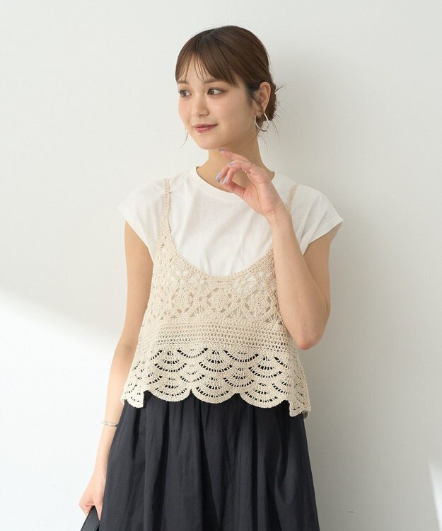 earth music&ecology ＳＥＴ２点　クロシェキャミ＋ノースリーブプルオーバー Ecru