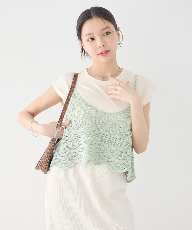 earth music&ecology ＳＥＴ２点　クロシェキャミ＋ノースリーブプルオーバー Light Khaki