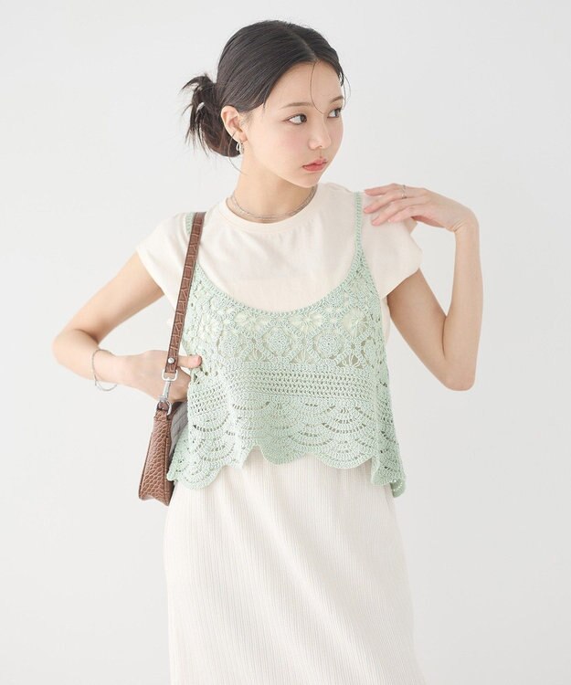 earth music&ecology ＳＥＴ２点　クロシェキャミ＋ノースリーブプルオーバー Light Khaki