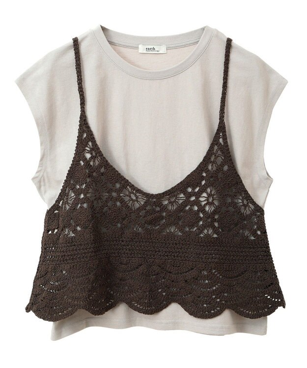 earth music&ecology ＳＥＴ２点　クロシェキャミ＋ノースリーブプルオーバー Brown