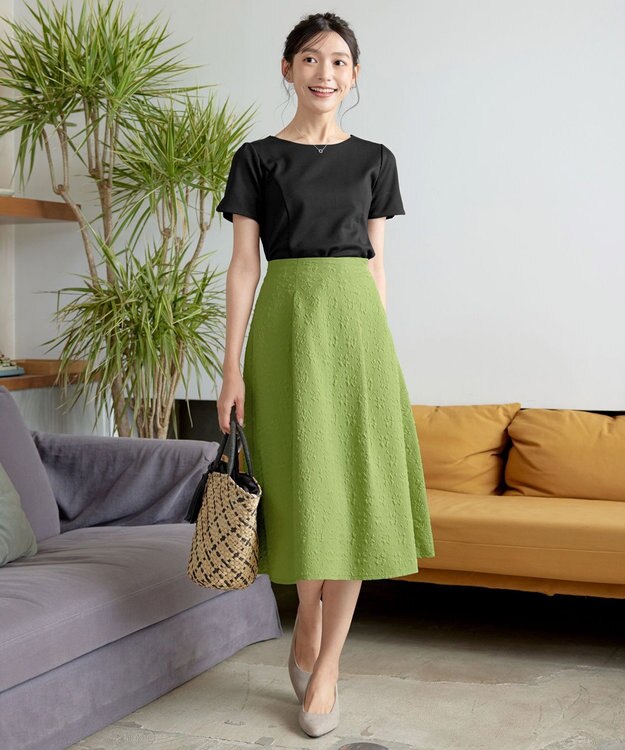 Tiaclasse 【洗える】ふくれジャガードタックフレアスカート グリーン