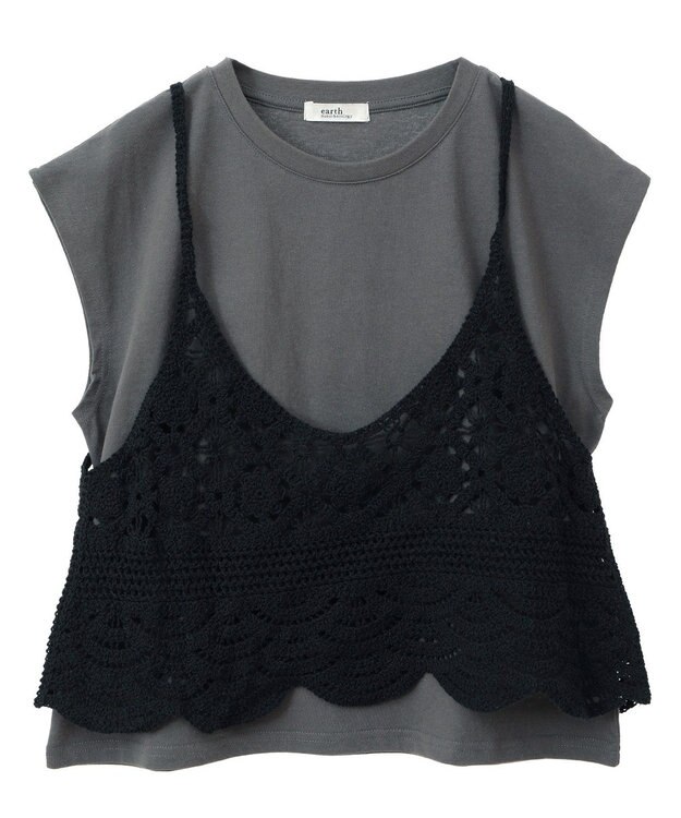 earth music&ecology ＳＥＴ２点　クロシェキャミ＋ノースリーブプルオーバー Black