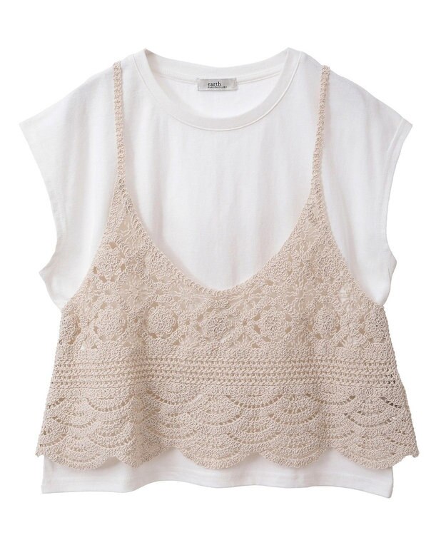 earth music&ecology ＳＥＴ２点　クロシェキャミ＋ノースリーブプルオーバー Ecru