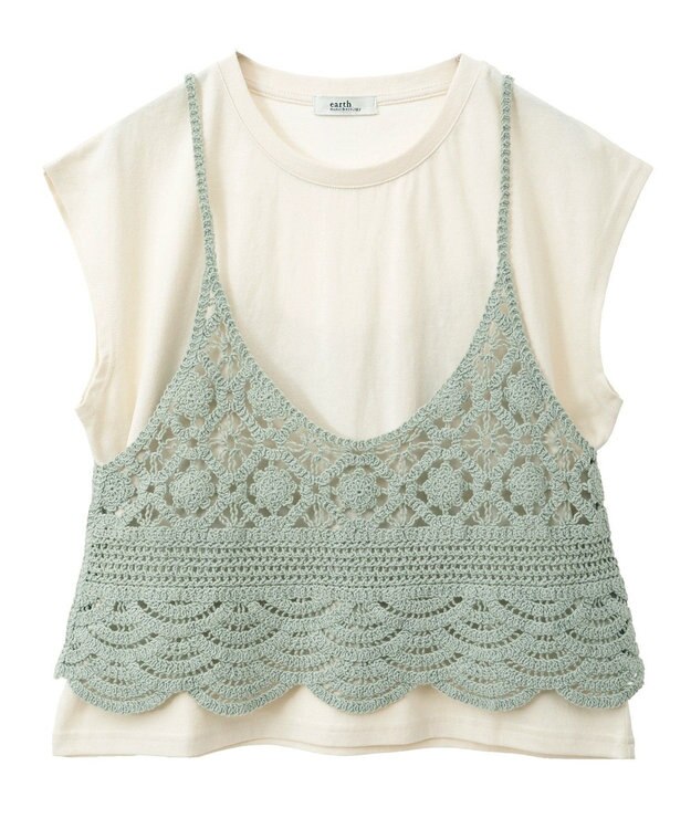 earth music&ecology ＳＥＴ２点　クロシェキャミ＋ノースリーブプルオーバー Light Khaki