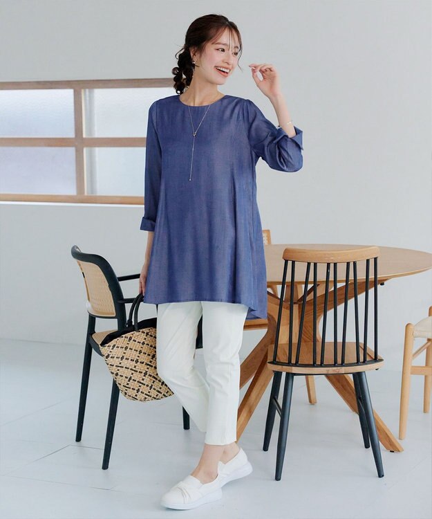 Tiaclasse L 【小倉優子さん着用・選べる袖TYPE・洗える】バックフレアチュニック 新色 七分袖ブルー