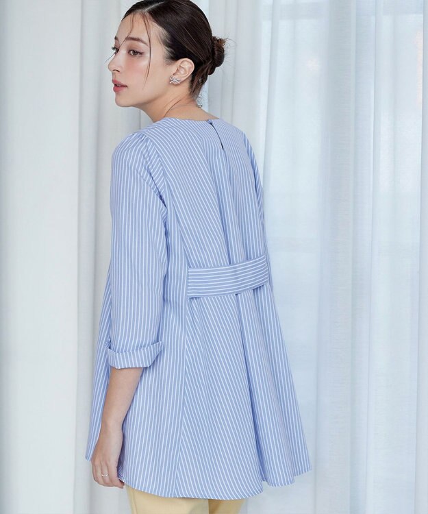 Tiaclasse L 【小倉優子さん着用・選べる袖TYPE・洗える】バックフレアチュニック 七分袖サックスストライプ