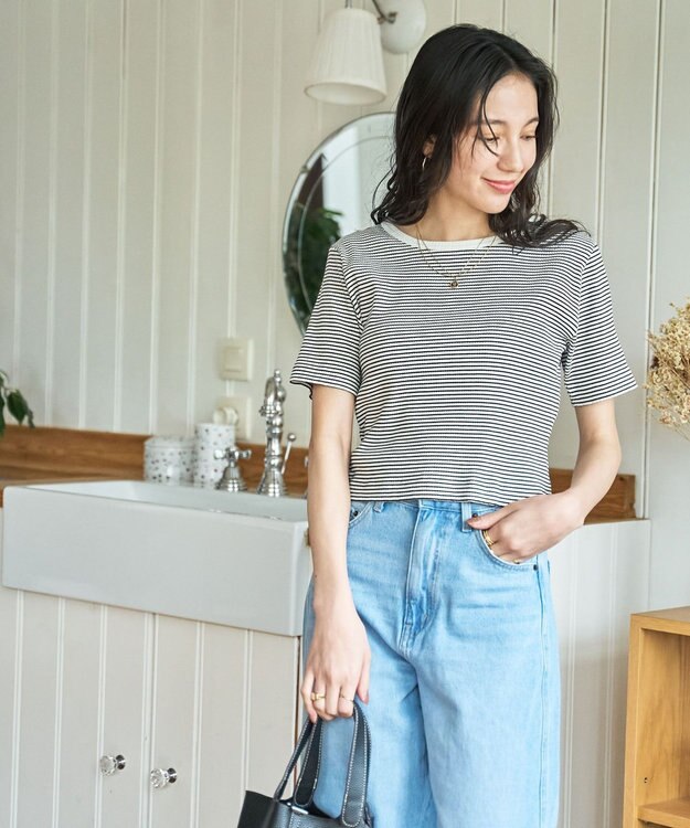 WEGO 【洗える/SML】コンパクトリブT ホワイトボーダー