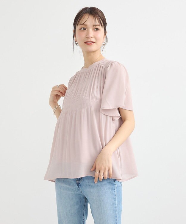 earth music&ecology マジョリカプリーツ半袖ブラウス Pink Beige