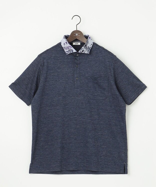 JOSEPH ABBOUD 【キングサイズ・吸水速乾】リネンハニカム ポロシャツ(リーフ柄） ネイビー系