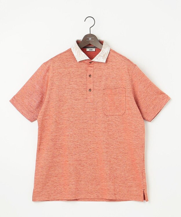 JOSEPH ABBOUD 【キングサイズ・吸水速乾】リネンハニカム ポロシャツ(リーフ柄） オレンジ系