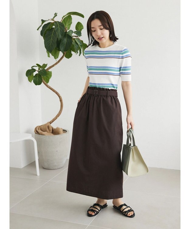 Green Parks 綿麻混バックルベルト付タイトスカート Brown