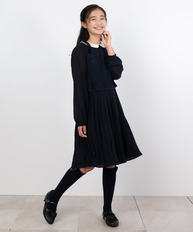 組曲 KIDS 【150-170cm】シフォンプリーツコンビ ワンピース ネイビー系