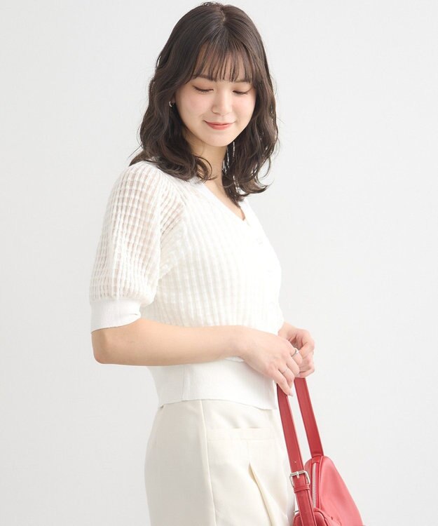 earth music&ecology シアーチェックカーディガン Ivory