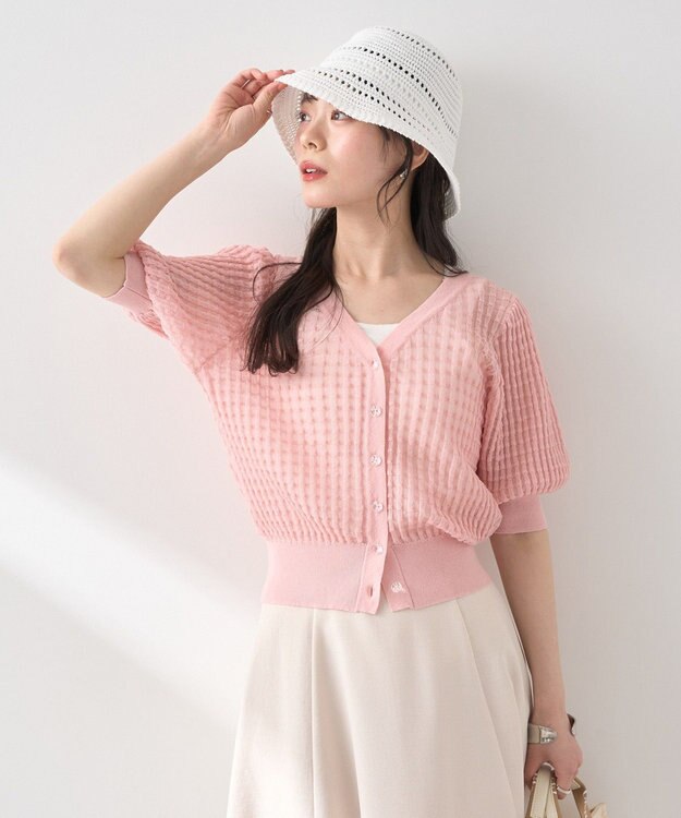 earth music&ecology シアーチェックカーディガン Pink