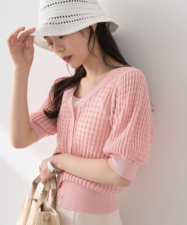 earth music&ecology シアーチェックカーディガン Pink