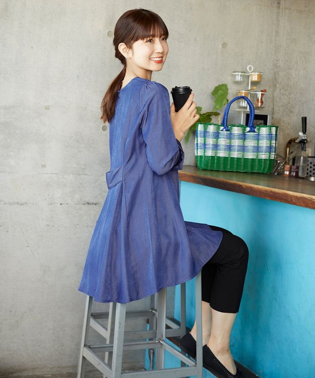 Tiaclasse L 【小倉優子さん着用・選べる袖TYPE・洗える】バックフレアチュニック 新色 七分袖ブルー