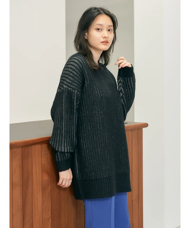 AMERICAN HOLIC バイカラー片畦ニットチュニック Black