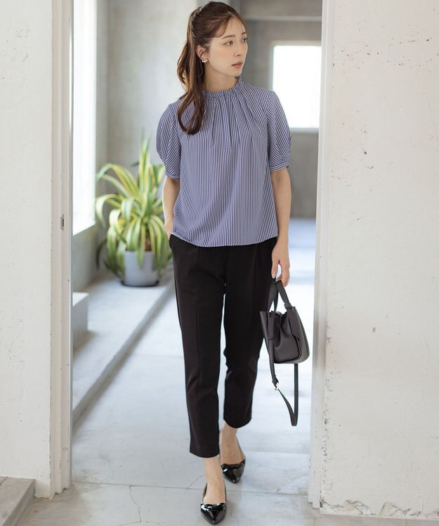 組曲 ライトデシンフリル襟 ブラウス ブルーストライプ系1